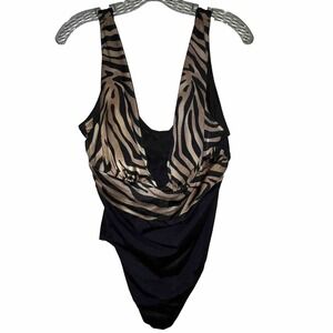 Zebra Print‎ One Piece Swimsuit Plunge Neckline Black Size Unknown